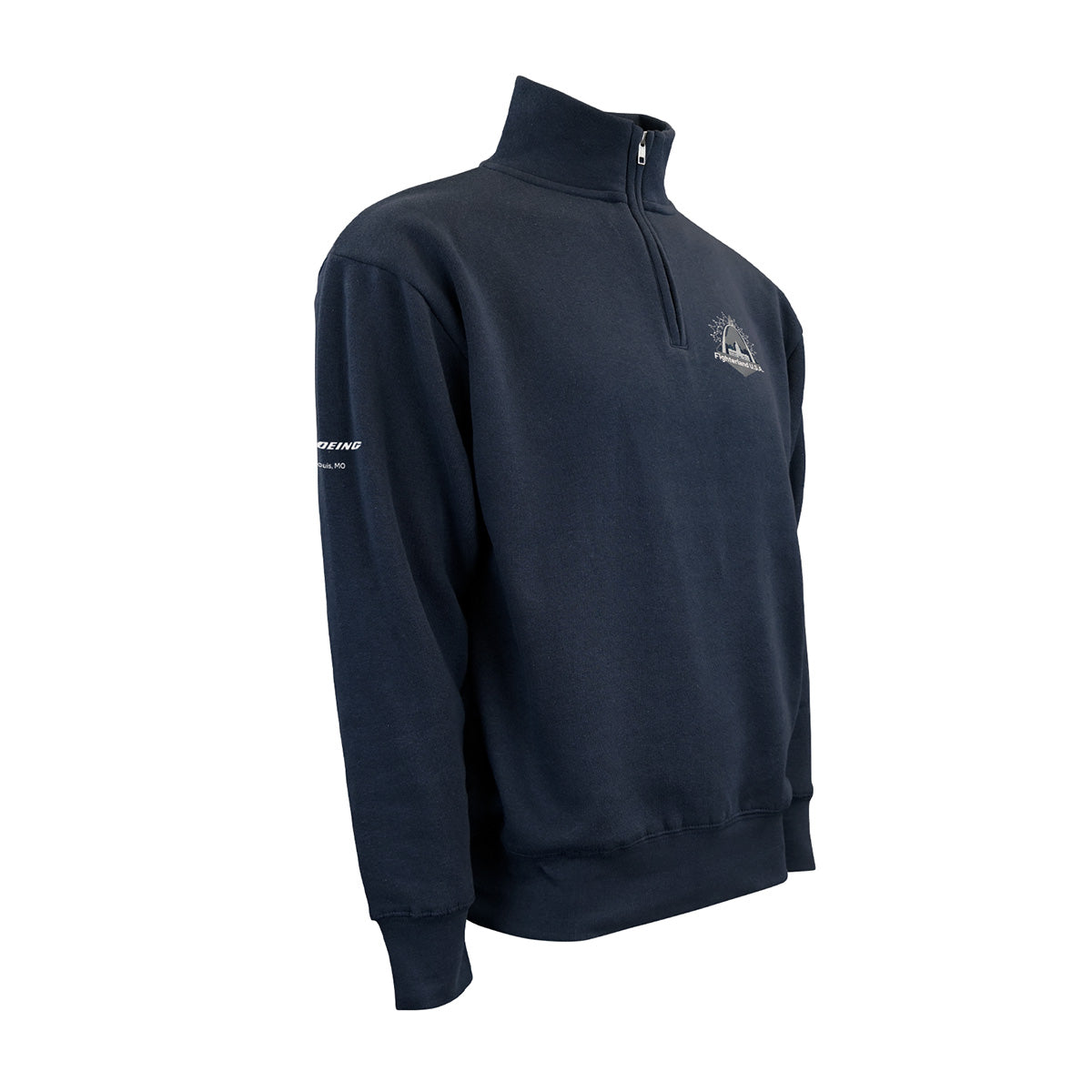 Introducing the Boeing St. Louis Fighterland Unisex Quarter-Zip by BOEING: This navy blue sweatshirt features a small embroidered logo on the chest and bold Boeing text on the sleeve. Made from soft brushed back fleece, it’s designed with a high collar, ribbed cuffs, and hem—offering comfortable style that lets you show your Fighterland USA pride.