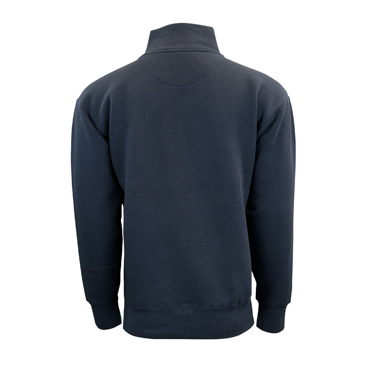 A plain dark blue long-sleeve Boeing St. Louis Fighterland Unisex Quarter-Zip is shown from the back, featuring a high collar and ribbed cuffs and hem, crafted from soft brushed back fleece in the iconic BOEING Fighterland USA style.