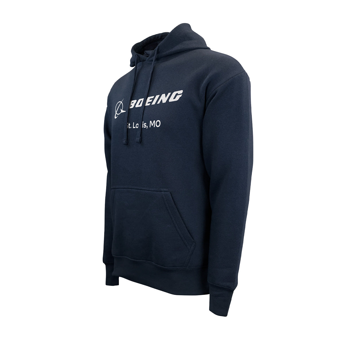 The Boeing St. Louis Fighterland Unisex Lux Hoodie by BOEING features BOEING and St. Louis, MO printed in white on the front of a navy blue hoodie, celebrating Boeing St. Louis’s aerospace legacy; includes a front pocket and drawstrings, shown against a white background.