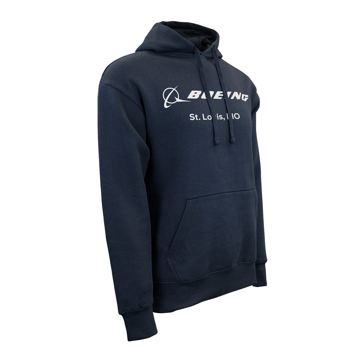 Introducing the Boeing St. Louis Fighterland Unisex Lux Hoodie by BOEING—a navy blue hooded sweatshirt with a front pocket, featuring the iconic Boeing logo and “St. Louis, MO” printed in white across the chest. This comfortable hoodie is a standout piece of Boeing apparel, ideal for fans of aerospace technology and aviation heritage.