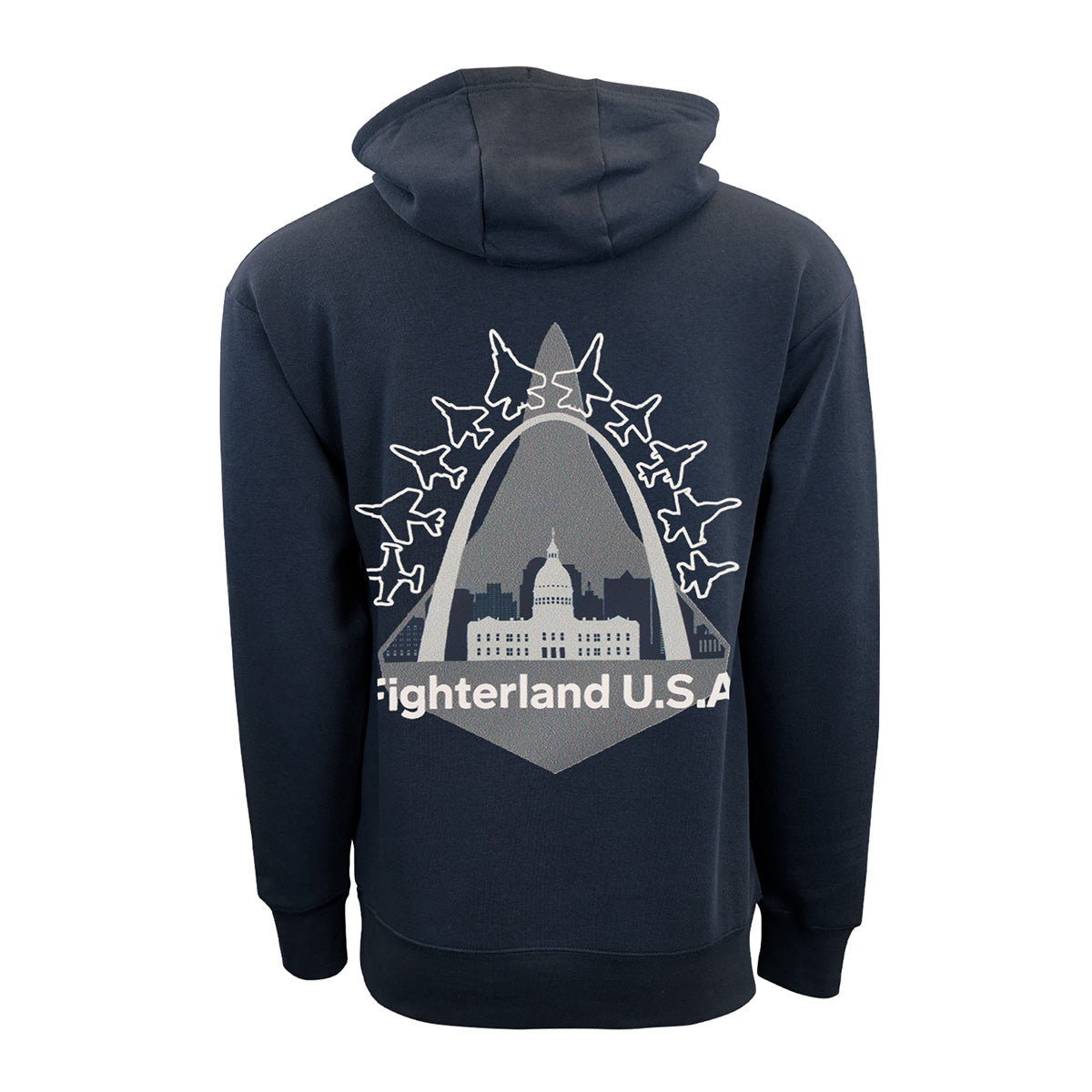 Introducing the Boeing St. Louis Fighterland Unisex Lux Hoodie by BOEING—a navy hoodie featuring a striking graphic of fighter jets, an arch, and a city skyline on the back, with “Fighterland U.S.A.” written below. Perfect for fans of aerospace technology.