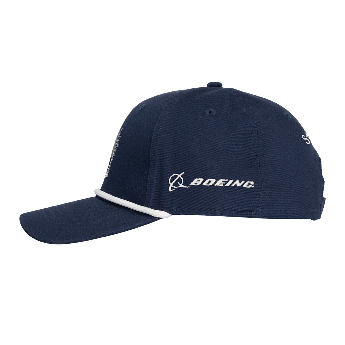 The Boeing St. Louis Fighterland Hat by BOEING is a navy blue baseball cap featuring the word “Boeing” and its logo embroidered in white on the side, with a white decorative band above the brim.