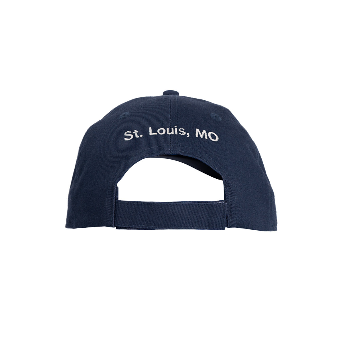 Navy blue Boeing St. Louis Fighterland Hat by BOEING, shown from the back, features white embroidered “St. Louis, MO” text above an adjustable strap.