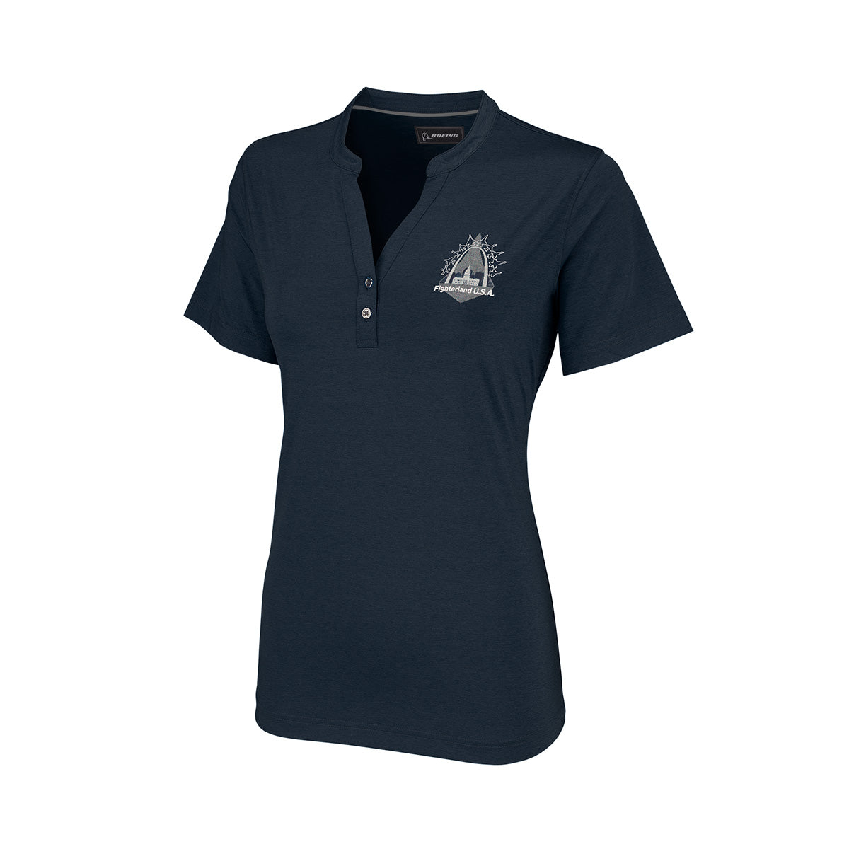 The Boeing St. Louis Fighterland Women’s Polo by BOEING is a navy blue short-sleeve shirt featuring a three-button placket and a small white embroidered logo with an arch and text on the left chest, inspired by the heritage of military aviation. Add a touch of Fighterland USA flair to your everyday style with this classic polo.