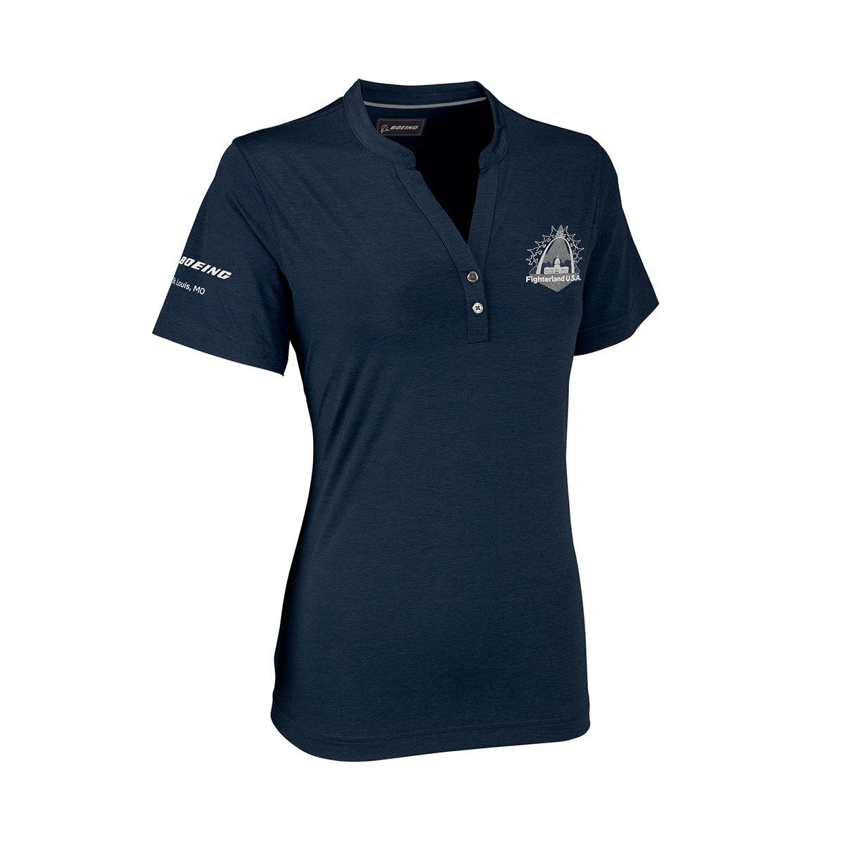 Introducing the Boeing St. Louis Fighterland Women’s Polo by BOEING—a navy blue short-sleeve polo featuring three buttons, the Boeing logo on the left sleeve, an embroidered space-themed patch on the upper left chest, and subtle military aviation details inspired by Fighterland USA.