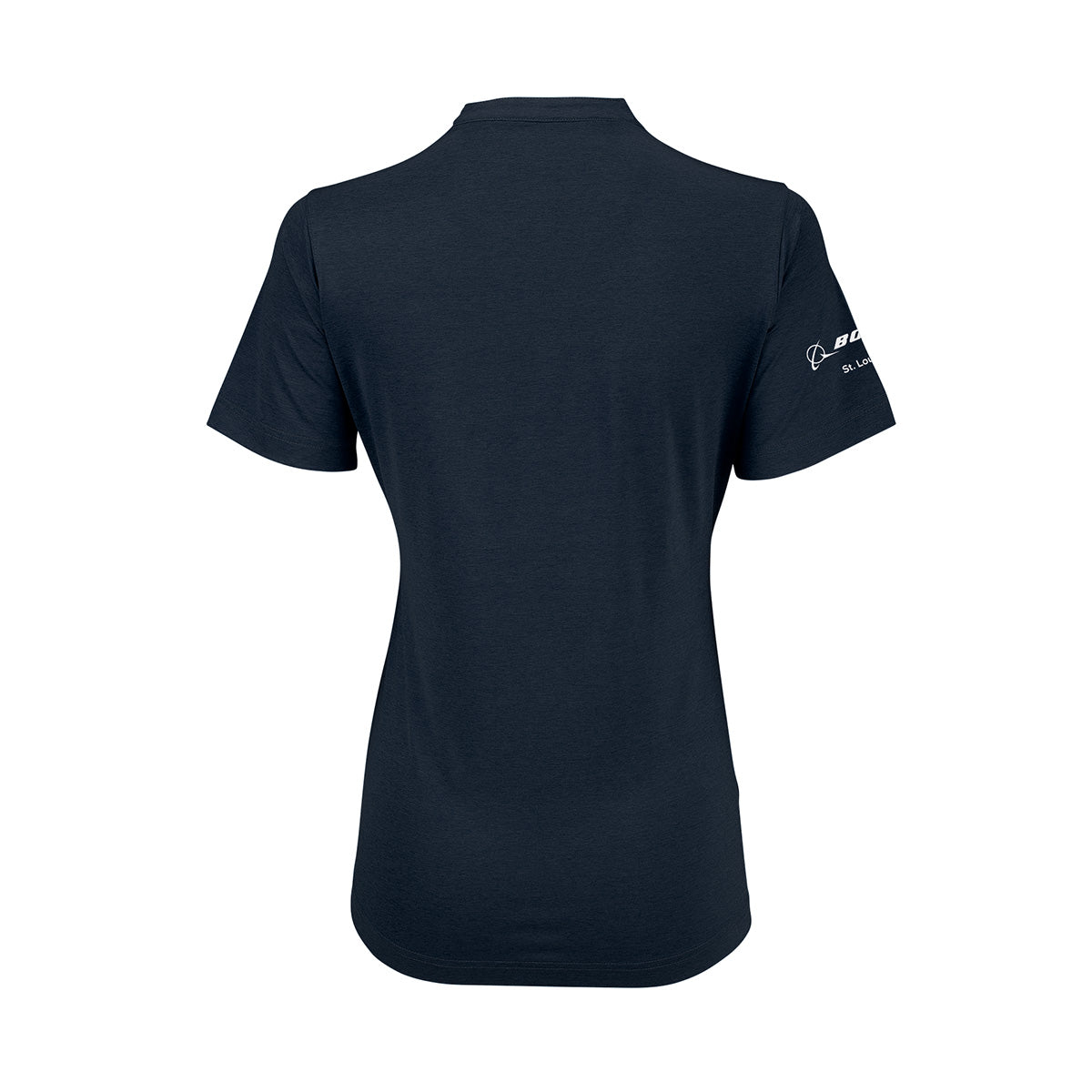 A plain dark navy short-sleeve women’s polo by BOEING, viewed from the back, featuring small white Fighterland USA-inspired logos and text on the left sleeve that pay tribute to military aviation.