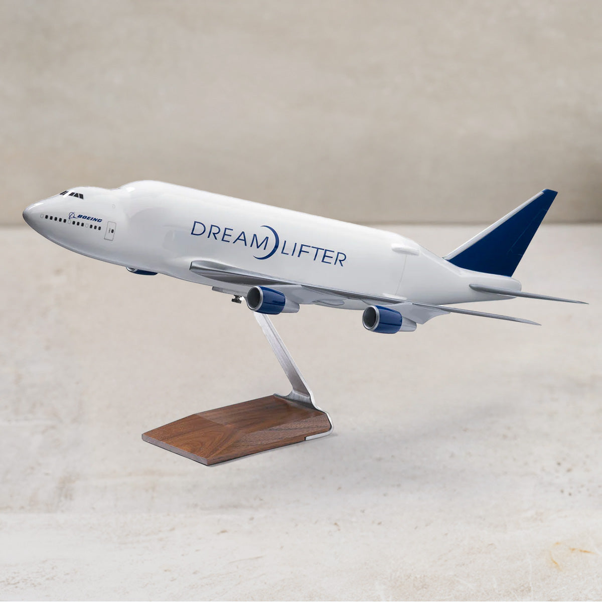 Model of a Boeing Dreamlifter airplane on a light background