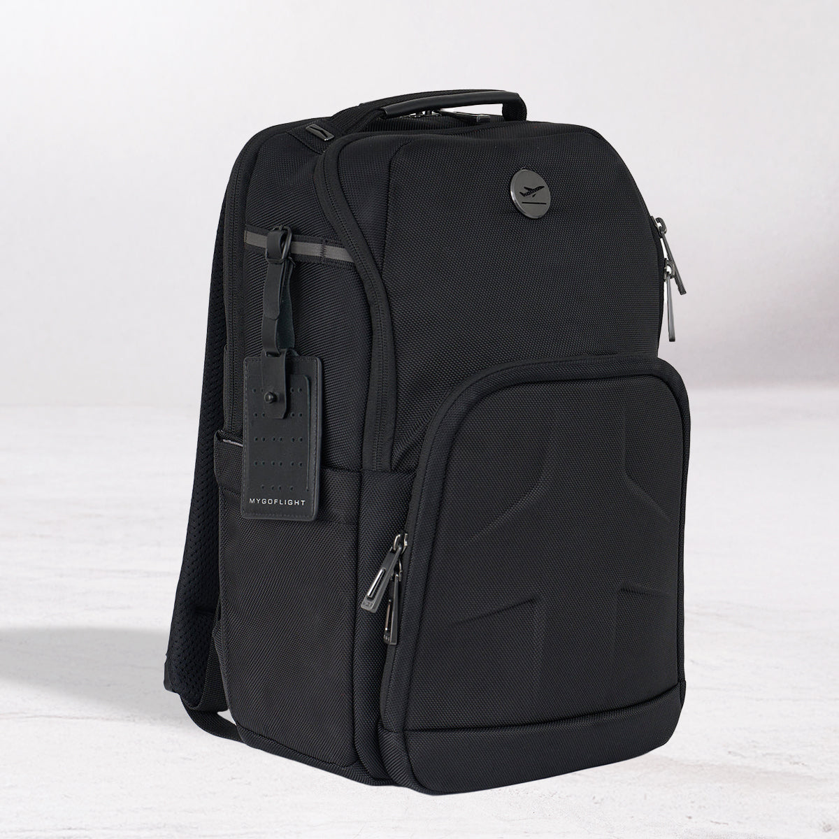 MyGoFlight black pilot backpack with a visible brand tag on a white background