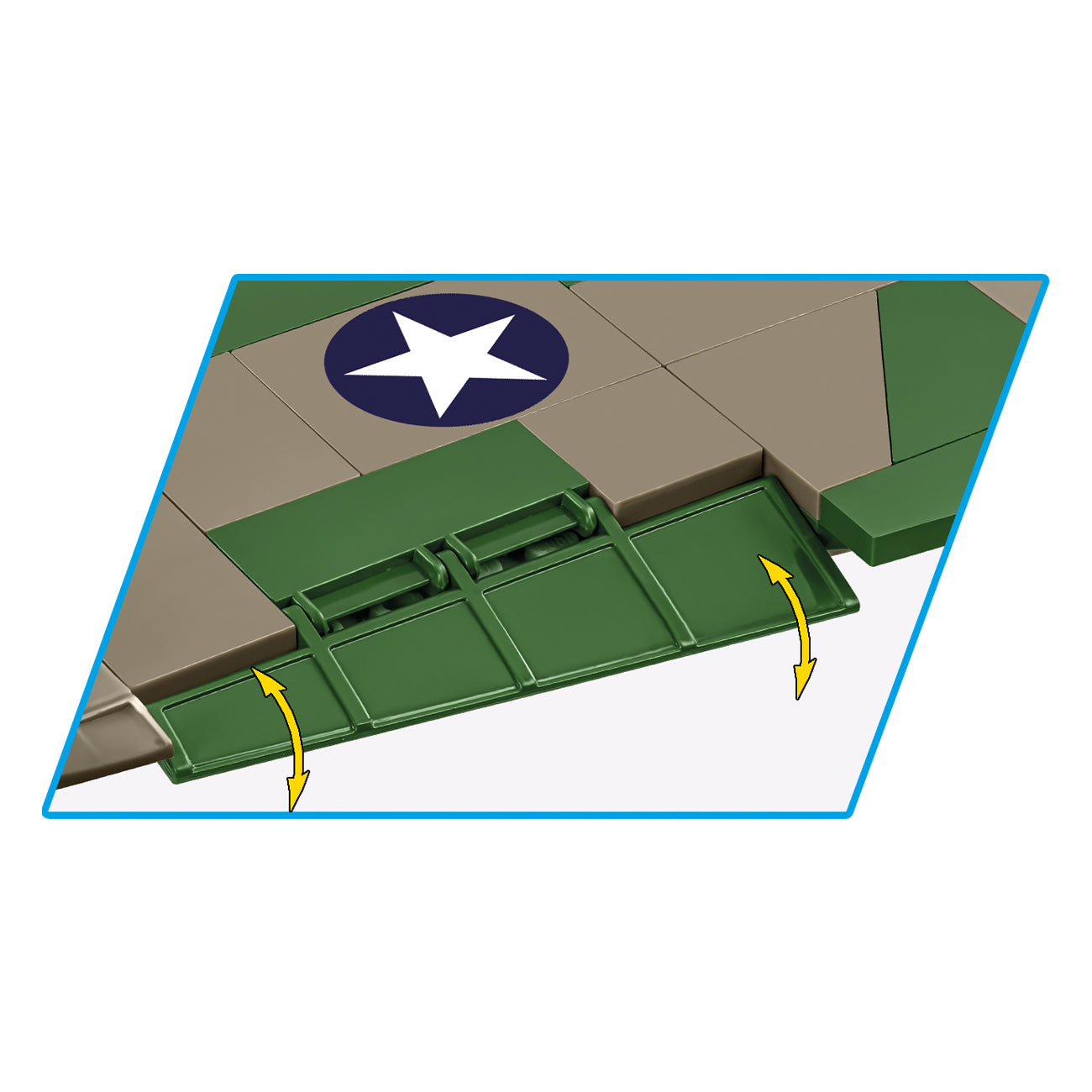 Close-up of the COBI Boeing B-17 Flying Fortress Memphis Belle Building Kit from The Boeing Store, featuring an olive green and brown camouflage wing with a white star emblem. Arrows illustrate movable flaps, capturing the essence of the iconic aircraft.