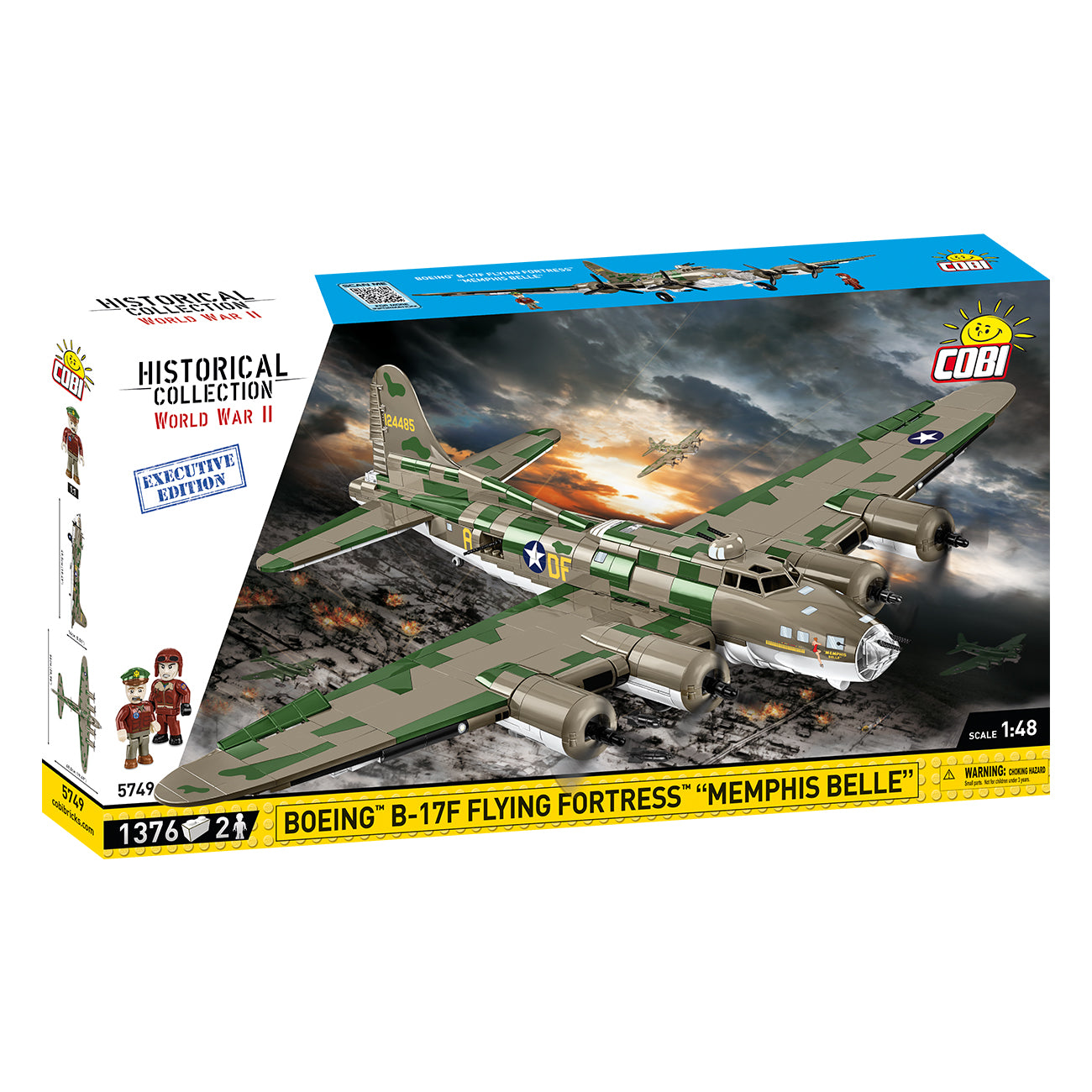 The COBI Building Kit box from The Boeing Store displays the Boeing B-17 Flying Fortress Memphis Belle, a highlight of the WWII collection, soaring in a dramatic sky with detailed product information and captivating artwork.