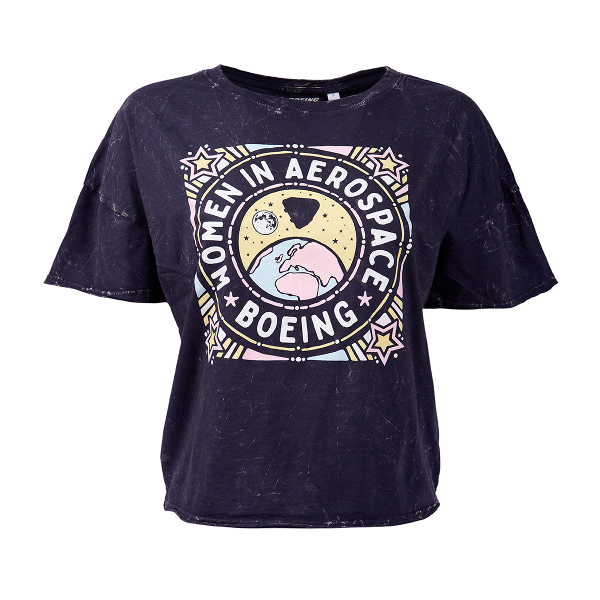 The Boeing Women In Aerospace Space Womens T-Shirt by Boeing is a black 100% cotton jersey shirt featuring a vibrant vintage-style graphic of stars, planets, and a female astronaut.