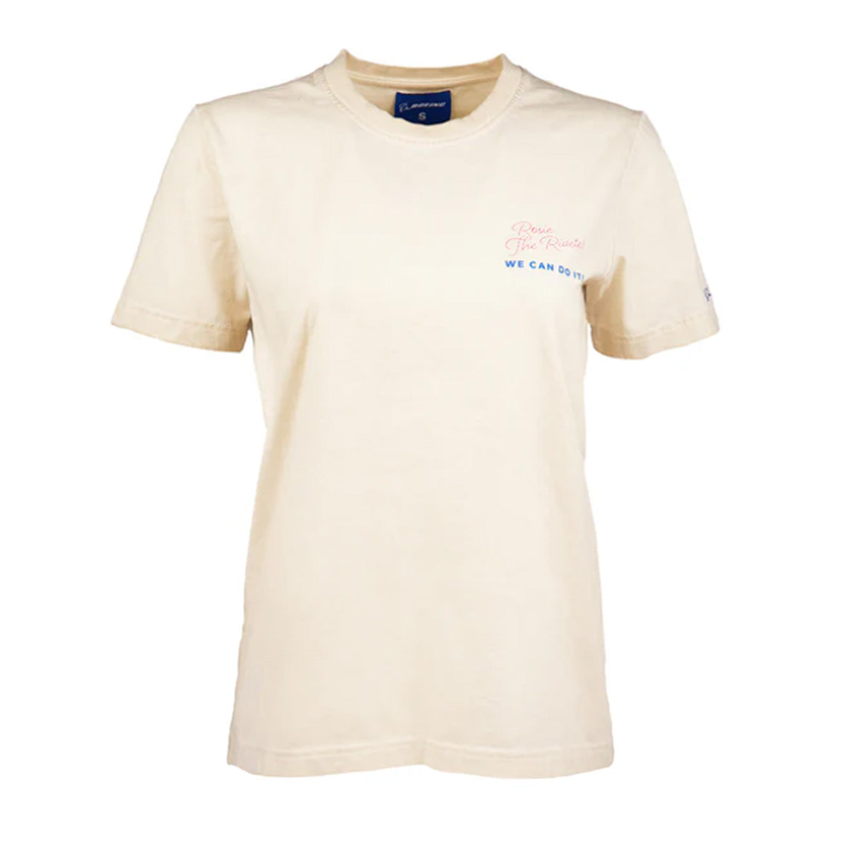 The Boeing Rosie Women’s T-Shirt by Boeing is a plain light beige short-sleeve tee with a small bold blue and red Rosie the Riveter WE CAN DO IT! text design on the left chest.