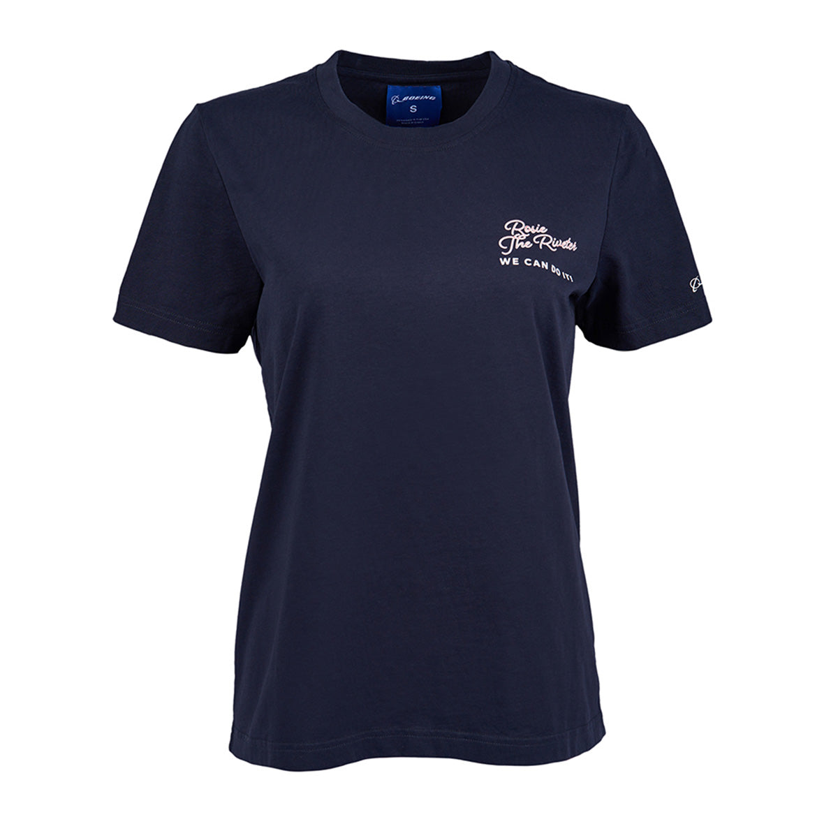 The Boeing Rosie Women’s T-Shirt by Boeing is a navy blue short-sleeve tee inspired by Rosie The Riveter, featuring Raise The Roof. WE CAN DO IT. in white on the left chest, a crew neckline, and a small logo on the left sleeve.