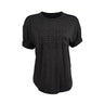 The Boeing Womens Embossed T-Shirt is dark gray, made from a bamboo spandex blend. It features BOEING embossed three times in a bold font on the front and has slightly rolled sleeves for a casual fit.