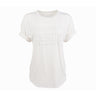 The Boeing Womens Embossed T-Shirt in white, with rolled sleeves and BOEING embossed thrice on the front, is made from a luxurious bamboo spandex blend for enhanced comfort and style.