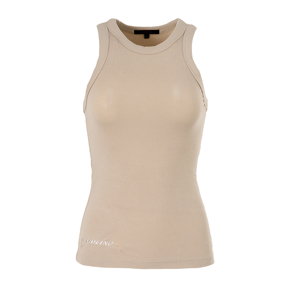 The Greyson Boeing Womens Orion Tank Top by BOEING is sleeveless, made from ultra-soft fabric, and features a round neckline with subtle logo text embroidered near the bottom left hem.