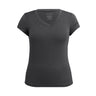 The Boeing Signature Recover Womens Sport V-Neck T-Shirt, a plain, short-sleeved dark gray top made with recycled PET, is shown against a white background—reflecting Boeing’s commitment to sustainability.
