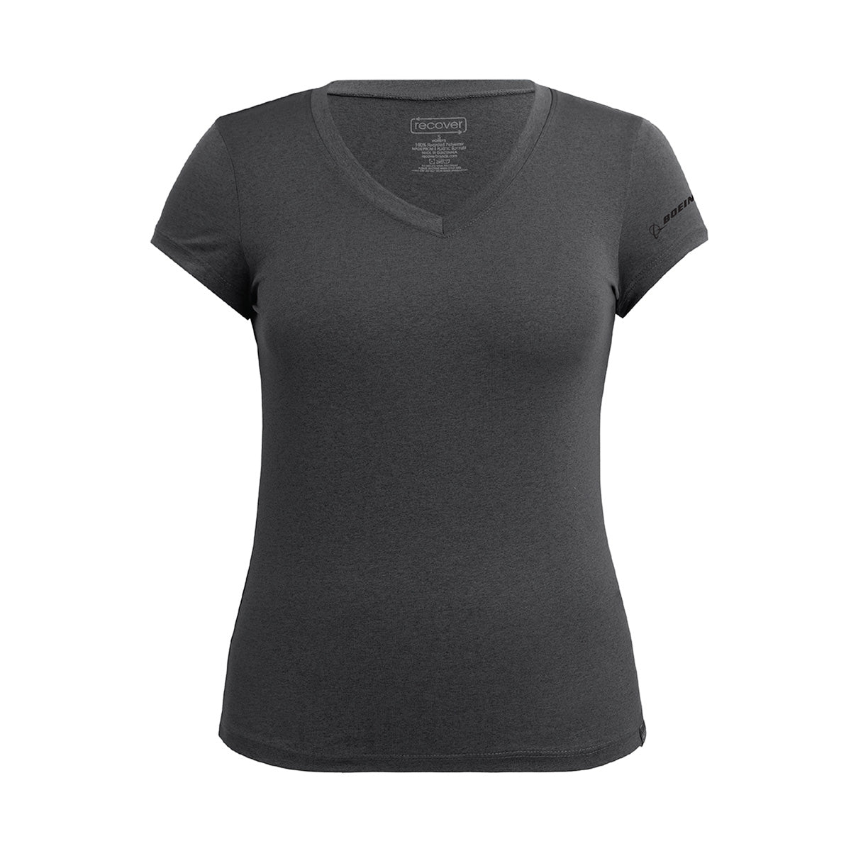 The Boeing Signature Recover Womens Sport V-Neck T-Shirt, a plain, short-sleeved dark gray top made with recycled PET, is shown against a white background—reflecting Boeing’s commitment to sustainability.