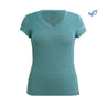 The Boeing Signature Recover Womens Sport V-Neck T-Shirt by Boeing, shown in teal on a white background, features a small sleeve logo and subtle brand logo near the left hem, and is crafted with eco-friendly recycled PET materials.