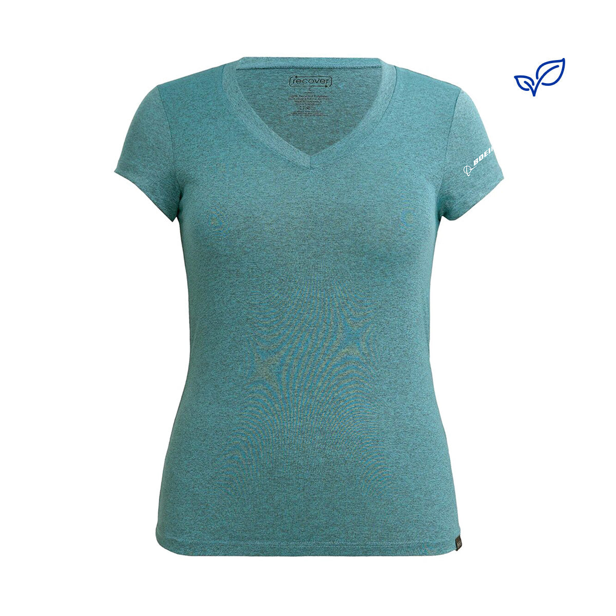 The Boeing Signature Recover Womens Sport V-Neck T-Shirt by Boeing, shown in teal on a white background, features a small sleeve logo and subtle brand logo near the left hem, and is crafted with eco-friendly recycled PET materials.
