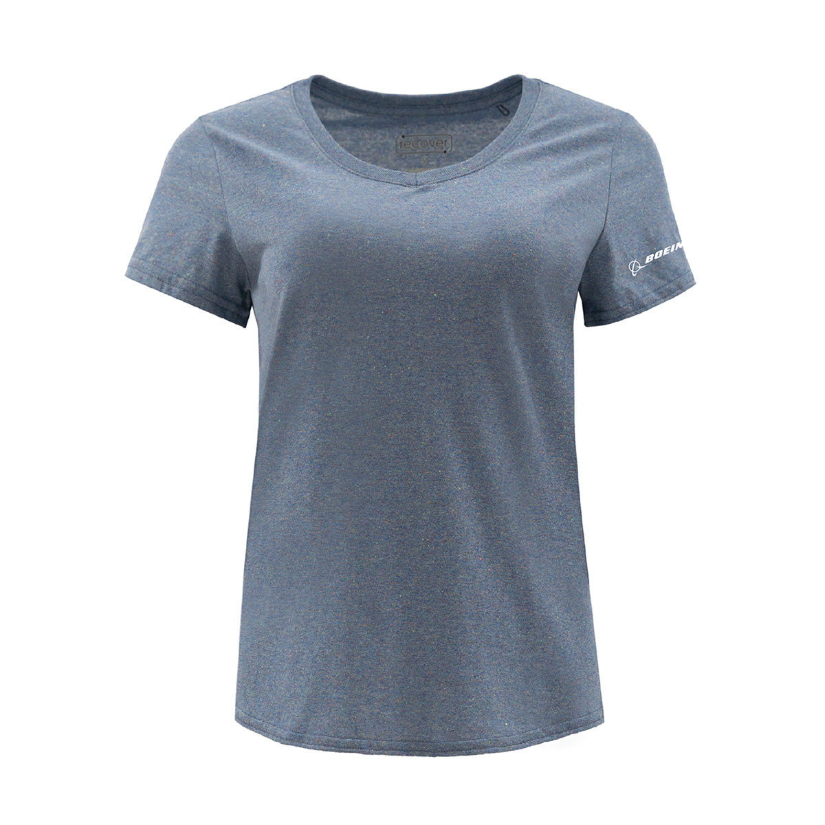 The Boeing Signature Recover Womens Eco T-Shirt by BOEING features short sleeves, a round neckline, and a small white Boeing logo on the left sleeve—an ideal choice for eco-conscious women.