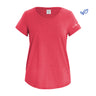 The Boeing Signature Recover Womens Eco T-Shirt by BOEING is a plain red, short-sleeve V-neck with a small white logo on the left sleeve and a blue eco-friendly leaf icon in the image’s top right corner.