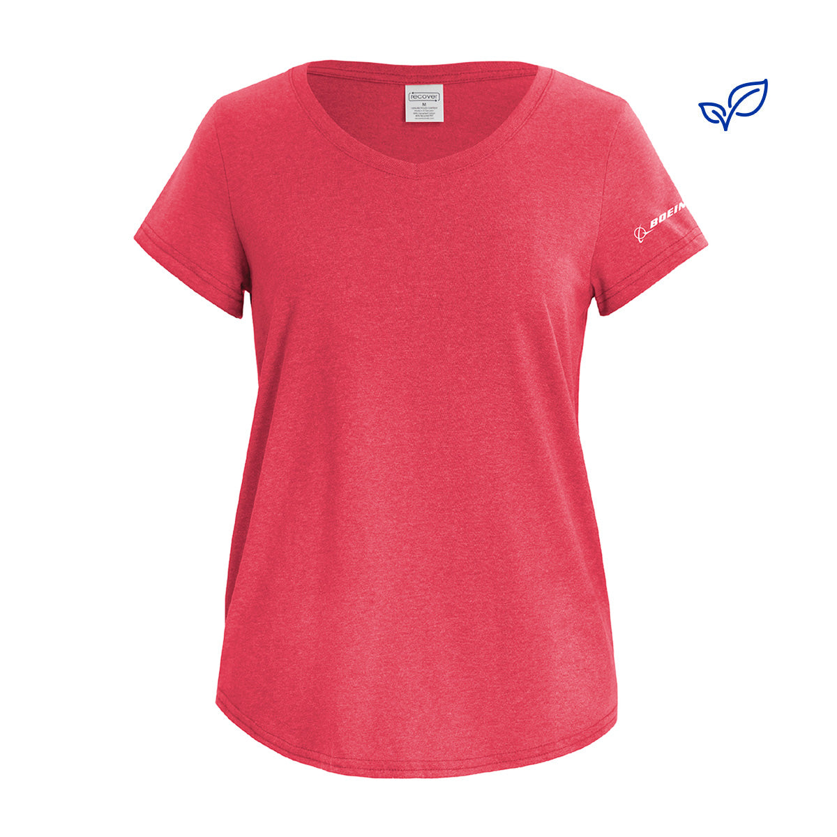 The Boeing Signature Recover Womens Eco T-Shirt by BOEING is a plain red, short-sleeve V-neck with a small white logo on the left sleeve and a blue eco-friendly leaf icon in the image’s top right corner.
