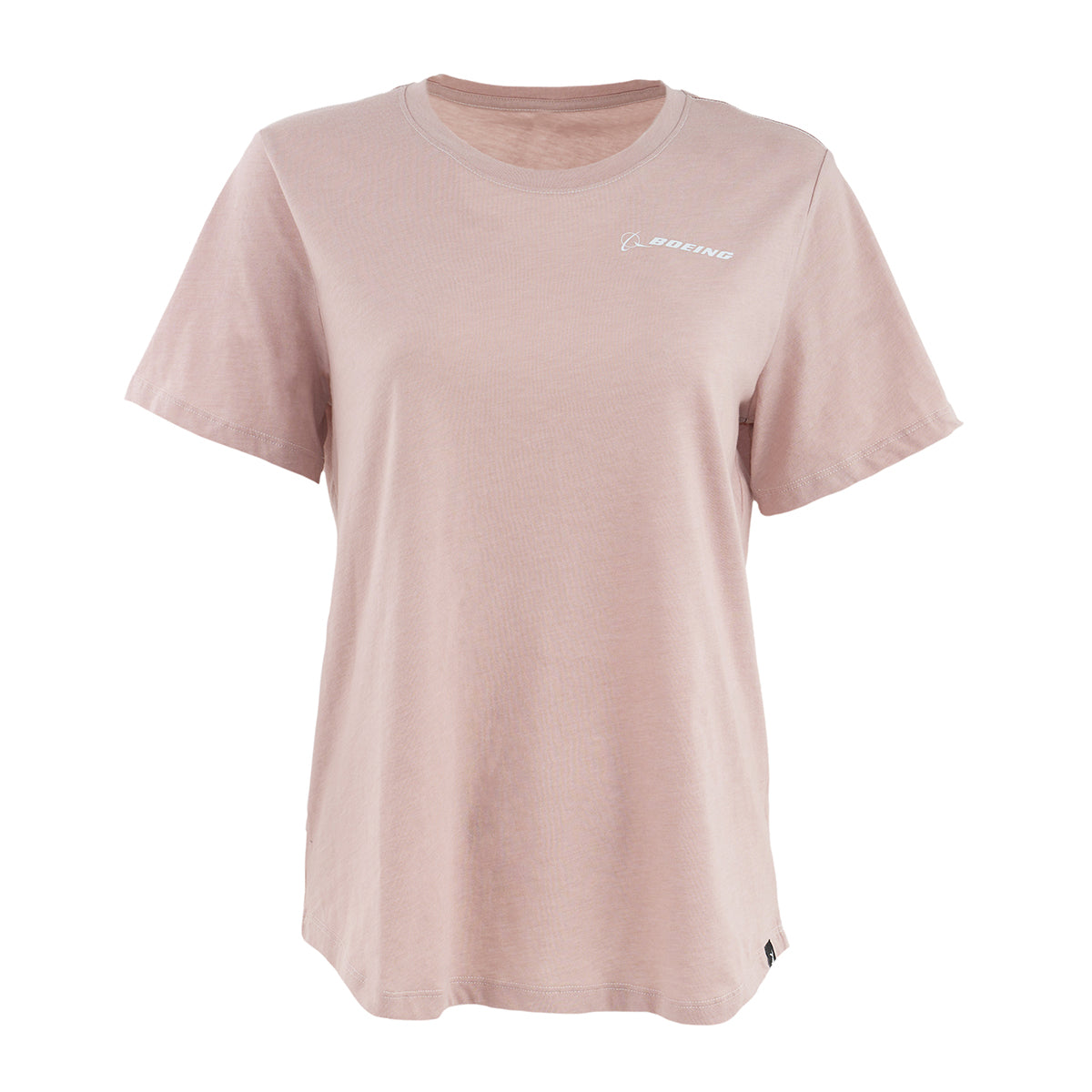 The Glyder Boeing Women’s Do No Harm T-Shirt by BOEING is a light pink, short-sleeve tee made from soft organic cotton with a small white Boeing logo on the left chest. Displayed on a plain white background.