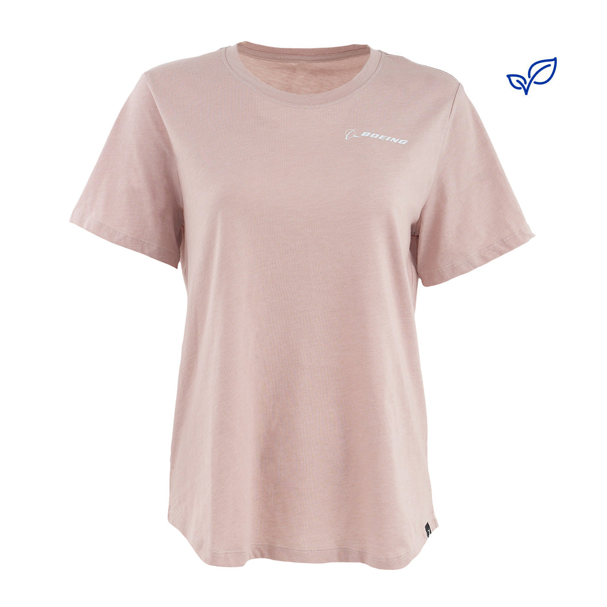 The Glyder Boeing Women’s Do No Harm T-Shirt by BOEING is a light pink, organic cotton short-sleeve tee featuring a small white Boeing logo on the left chest and an eco-friendly leaf icon in the upper right corner.