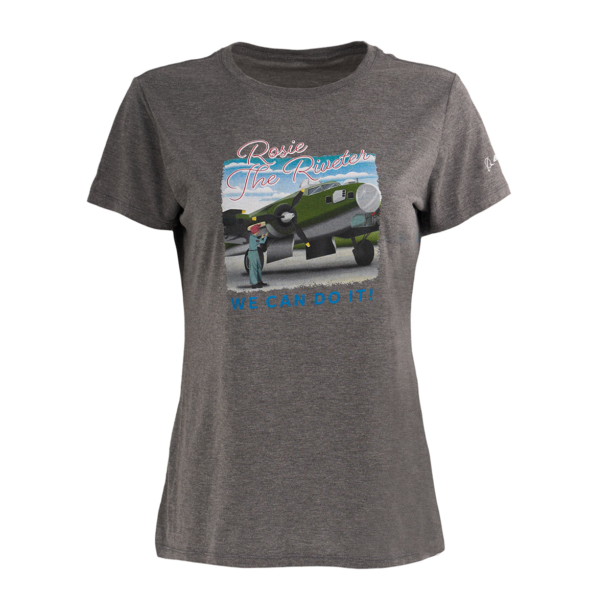 The Boeing Rosie Womens Tri-Blend T-Shirt by BOEING features a gray triblend fabric, a vintage Rosie the Riveter in front of a green airplane, and Rosie The Riveter and We Can Do It! printed around the design.