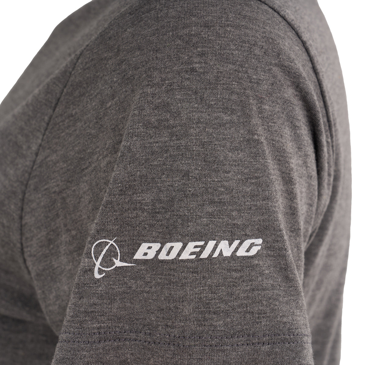 Close-up of the Boeing Rosie Womens Tri-Blend T-Shirt sleeve in heather gray, showing the white BOEING logo and text on the upper arm, crafted from soft triblend fabric.
