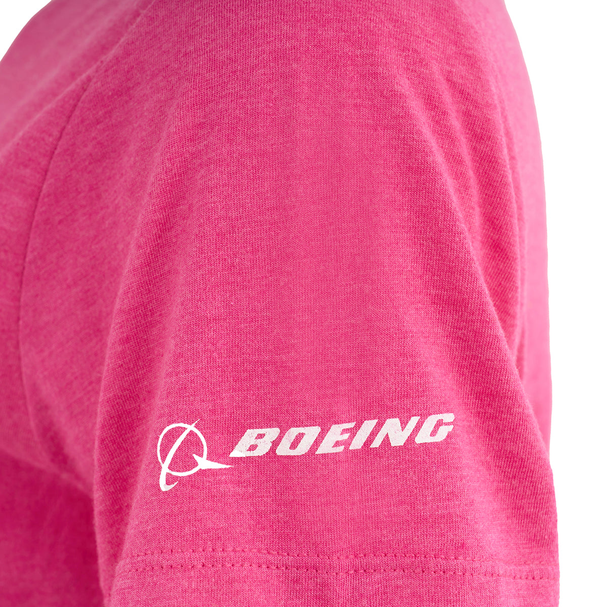 Close-up of a pink Boeing Rosie Womens Tri-Blend T-Shirt sleeve, made from soft triblend fabric and displaying the BOEING logo and name in white text.