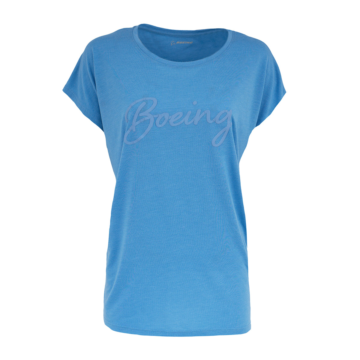 The Boeing Womens Script Logo T-Shirt by BOEING features a light blue color, short sleeves, and a script logo across the chest. This casual womens tee is shown on a plain white background.
