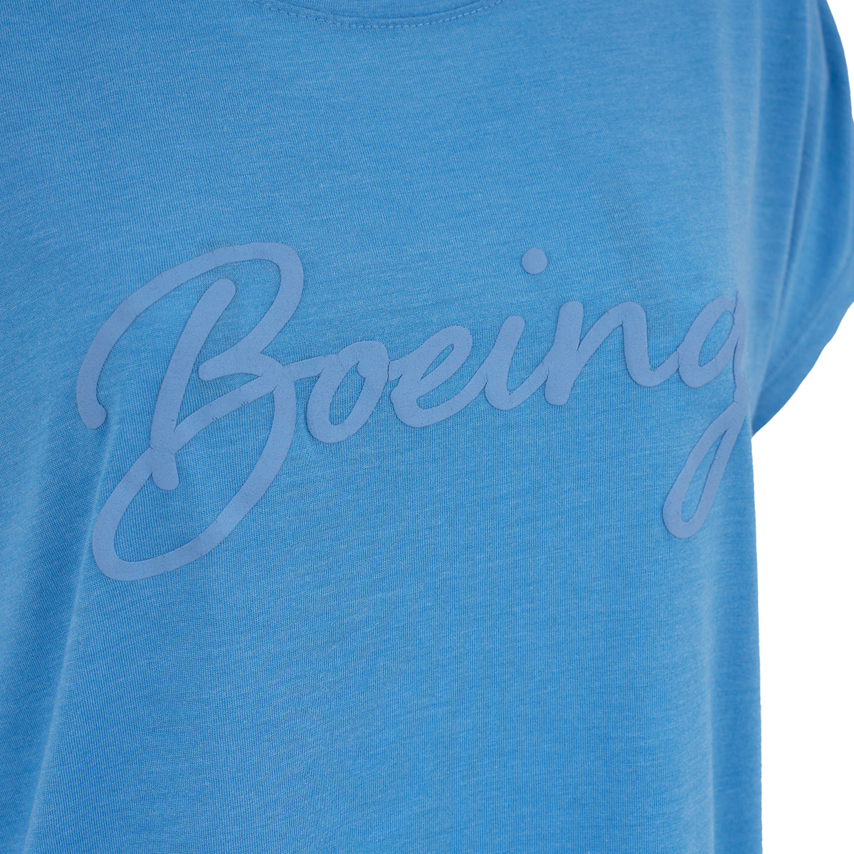 Close-up of the Boeing Womens Script Logo T-Shirt by BOEING, showcasing “Boeing” in large, light blue script across the front for a stylish, comfortable casual look.