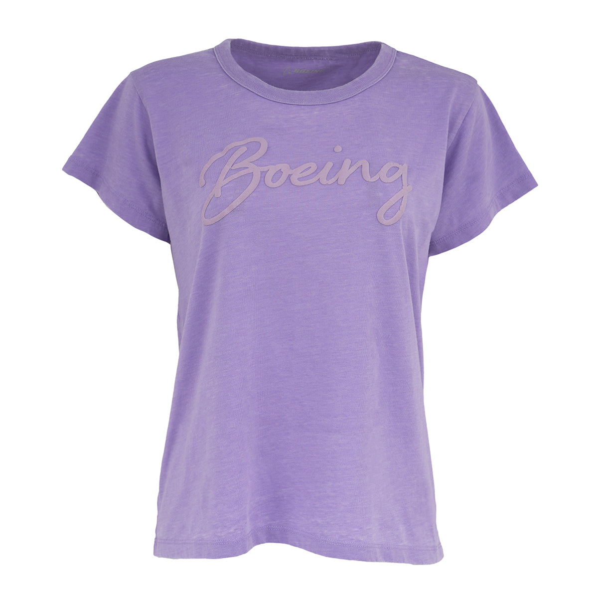 The Boeing Womens Script Logo T-Shirt by BOEING is a lavender casual tee featuring a script logo across the chest, combining comfort and style for everyday wear.