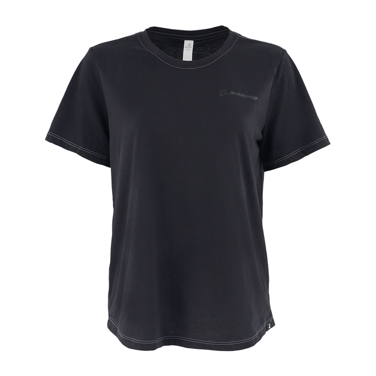 The Glyder Boeing Women’s No Harm T-Shirt by BOEING is a plain black, sustainable short-sleeve tee with a subtle Boeing logo on the left chest, shown on a white background.