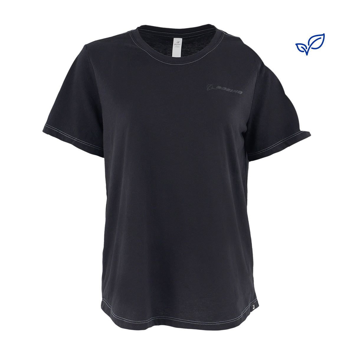 The Glyder Boeing Women’s No Harm T-Shirt by BOEING is a plain black, sustainable short-sleeve tee with a subtle Boeing logo on the left chest, shown on a white background.
