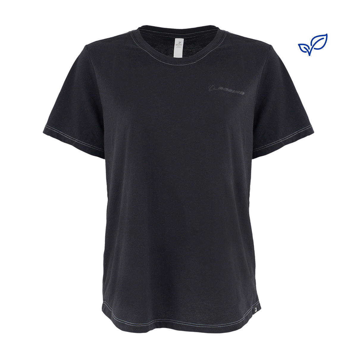 The Glyder Boeing Women’s No Harm T-Shirt by BOEING features black short sleeves, a subtle Boeing logo on the left chest, white stitching accents, and is made from sustainable fabric with a small blue eco-friendly leaf icon at the top right.