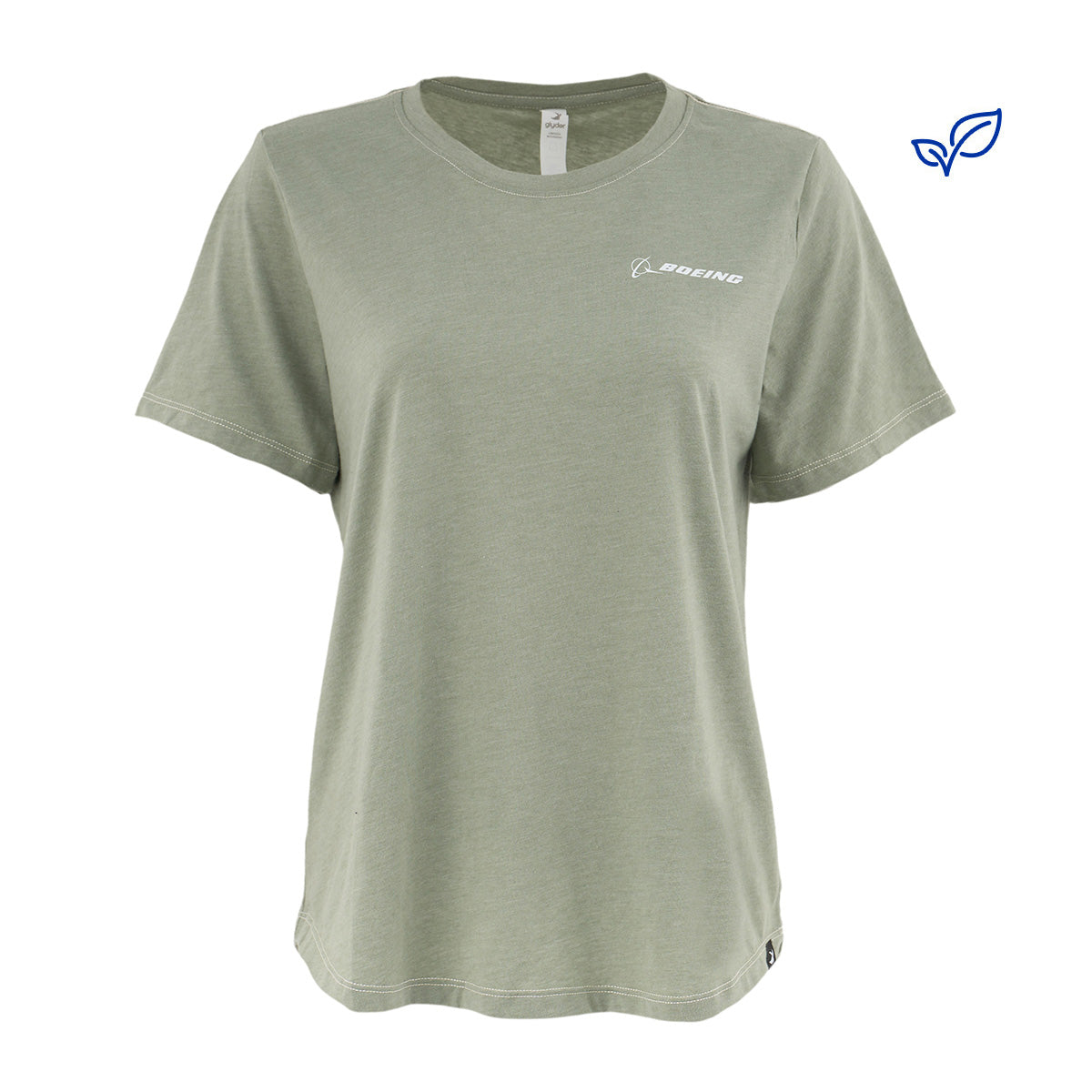 The Glyder Boeing Women’s No Harm T-Shirt by BOEING is a light green, short-sleeved crewneck tee made from eco-friendly materials. It features the white Boeing logo on the left chest and a small leaf icon in the top right corner.