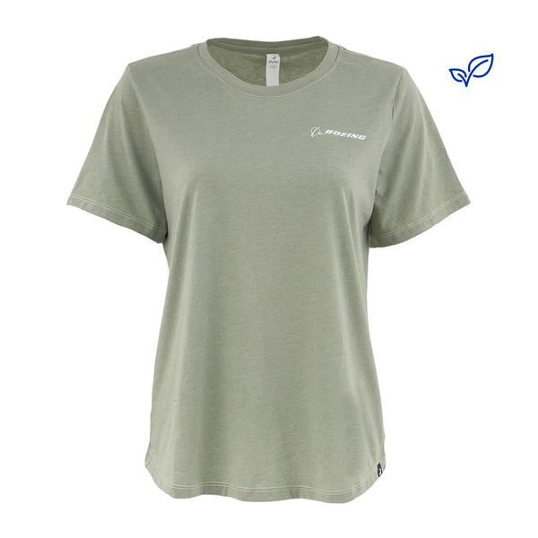 The Glyder Boeing Women’s No Harm T-Shirt by BOEING is a light green, short-sleeved crewneck tee made from eco-friendly materials. It features the white Boeing logo on the left chest and a small leaf icon in the top right corner.