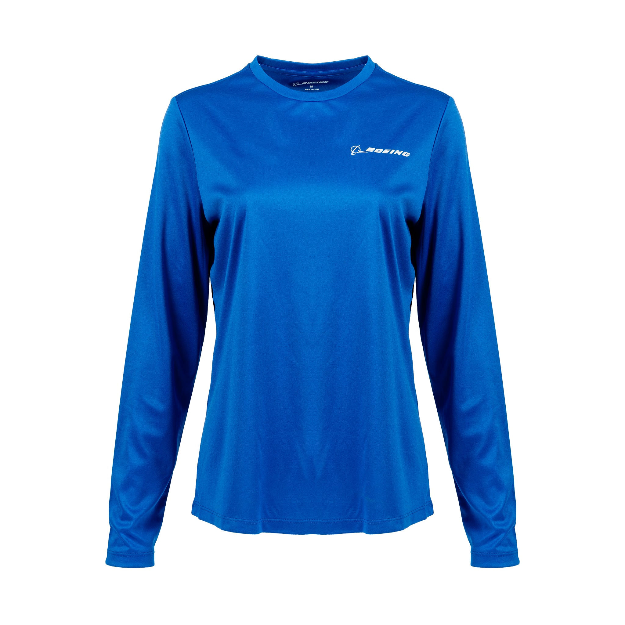 The Boeing Signature Logo Women’s UV Long Sleeve T-Shirt features a crew neck, long sleeves, and is shown in royal blue with the Boeing logo in white on the left chest. Made for outdoor activities, this athletic shirt offers quick dry fabric and UPF 50+ sun protection. Displayed against a white background.