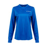 The Boeing Signature Logo Women’s UV Long Sleeve T-Shirt features a crew neck, long sleeves, and is shown in royal blue with the Boeing logo in white on the left chest. Made for outdoor activities, this athletic shirt offers quick dry fabric and UPF 50+ sun protection. Displayed against a white background.