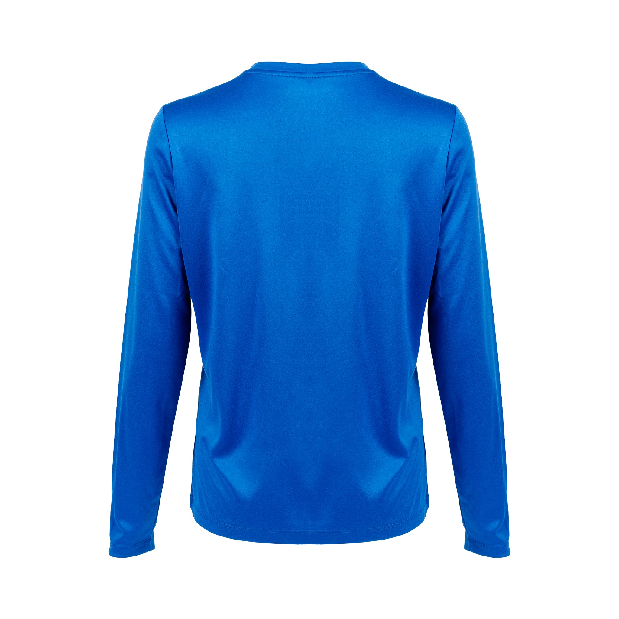 A Boeing Signature Logo Women’s UV Long Sleeve T-Shirt in plain blue is shown from the back, featuring a minimalist design with no visible patterns or decorations. Designed by Boeing for outdoor performance, this shirt is crafted from quick-dry fabric and provides UPF 50+ sun protection to help shield your skin during sunny workouts.