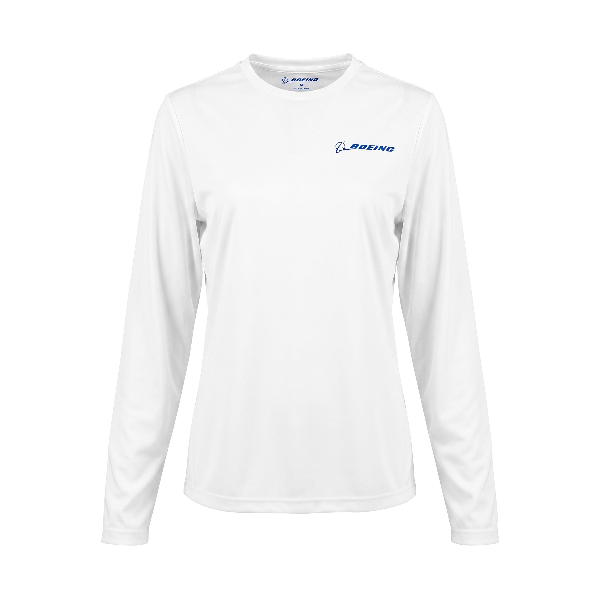 Front view of the Boeing Signature Logo Women’s UV Long Sleeve T-Shirt, a plain white shirt featuring the blue Boeing logo on the left chest, displayed on a white background. This Boeing shirt offers UPF 50+ sun protection, making it ideal for outdoor activities.