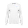 Front view of the Boeing Signature Logo Women’s UV Long Sleeve T-Shirt, a plain white shirt featuring the blue Boeing logo on the left chest, displayed on a white background. This Boeing shirt offers UPF 50+ sun protection, making it ideal for outdoor activities.