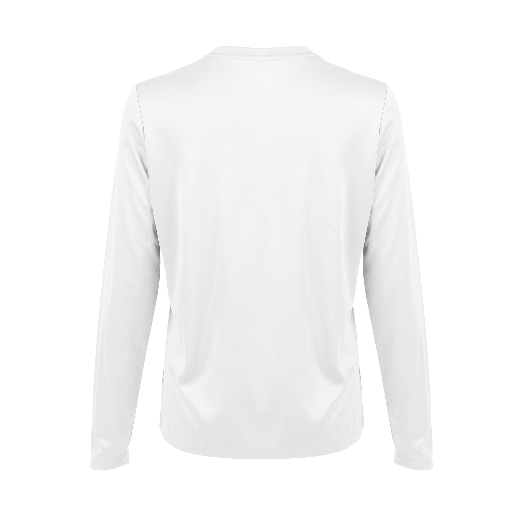 Back view of the Boeing Signature Logo Women’s UV Long Sleeve T-Shirt in plain white on a white background, highlighting its minimalist design with no visible logos, patterns, or decorations. Crafted by Boeing and featuring UPF 50+ sun protection for enhanced comfort during outdoor activities.