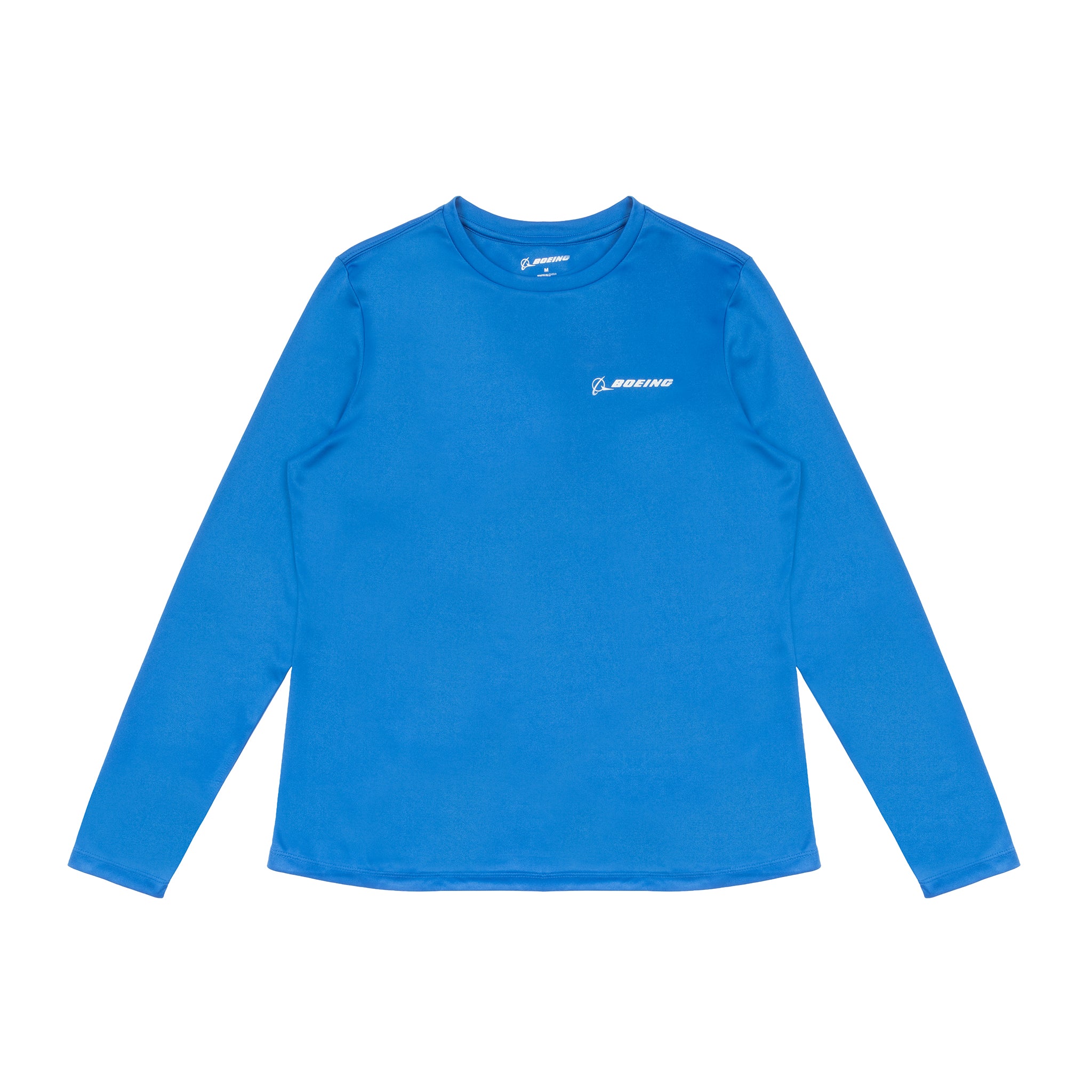 The Boeing Signature Logo Women's UV Long Sleeve T-Shirt in bright blue features UPF 50+ protection and a small white Boeing logo on the left chest, shown laid flat on a white background.