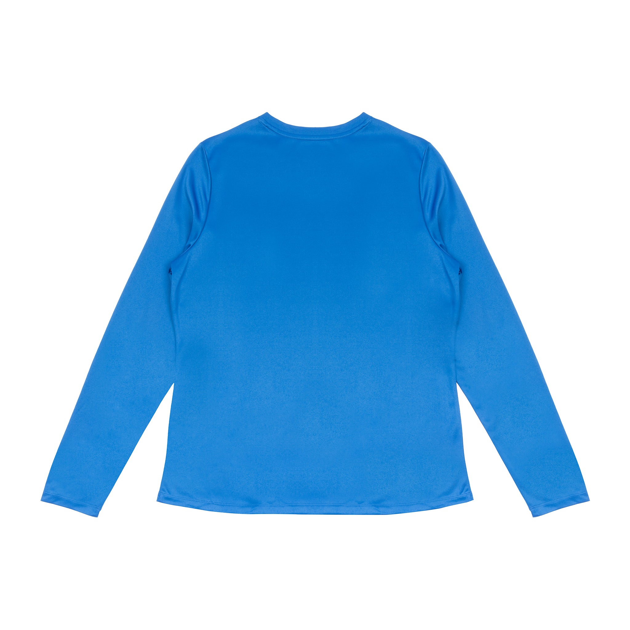 The Boeing Signature Logo Women's UV Long Sleeve T-Shirt in bright blue is laid flat, back facing up, against a white background.
