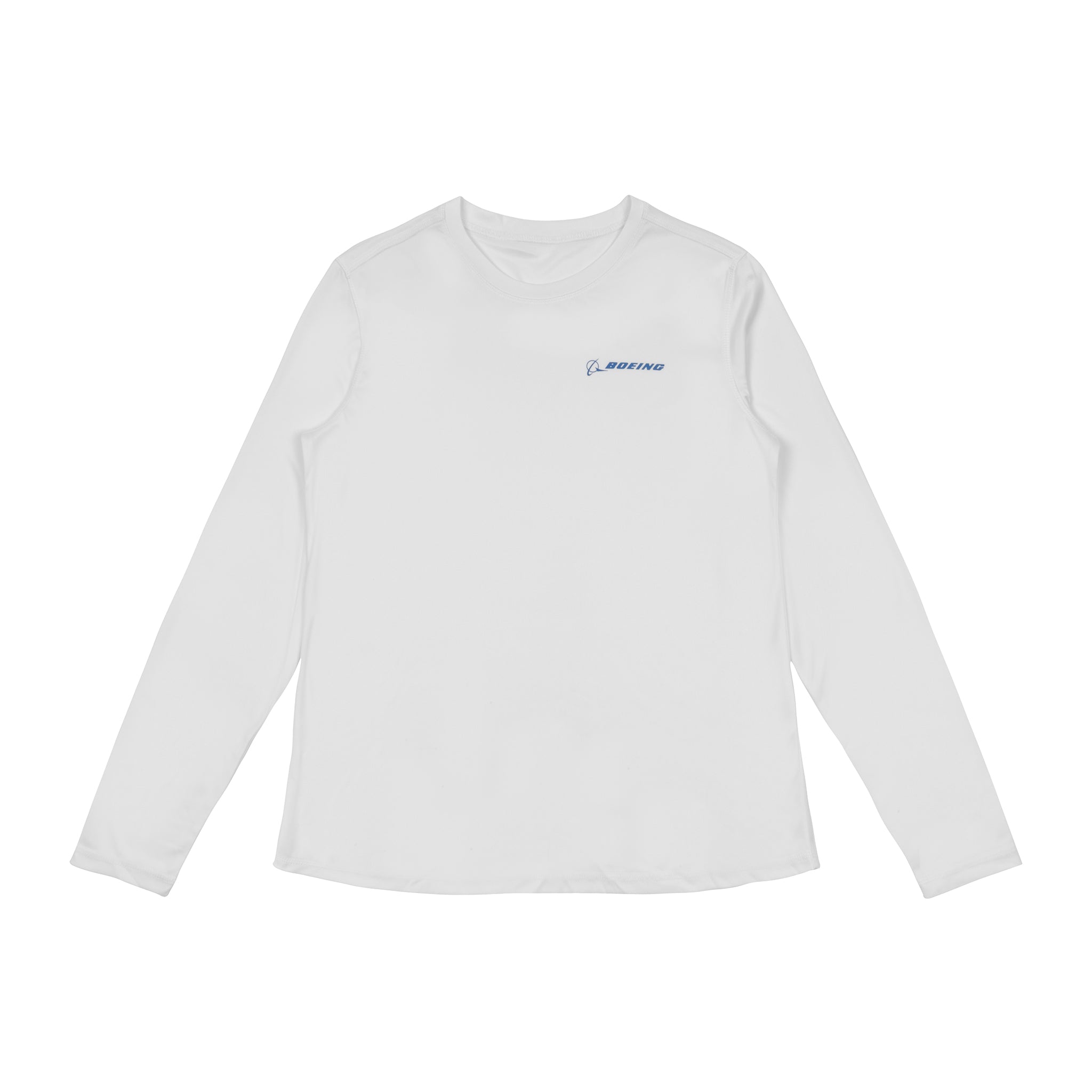 The Boeing Women's UV Long Sleeve Shirt features UPF 50+ sun protection and a small blue Boeing logo on the left chest, shown on a white background.