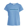 The Boeing Women's Signature Logo Stripe T-Shirt by BOEING features light blue cotton jersey, short sleeves, three horizontal stripes in dark blue, teal, and black, plus a white Boeing logo on the upper left chest for a vintage vibe.